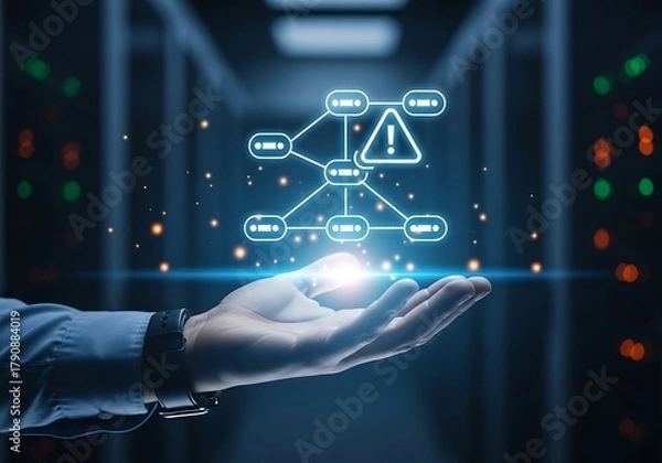 Fototapeta A hand presents a network diagram with a warning sign, symbolizing network security, data breach, and cybersecurity threats in a modern server room environment