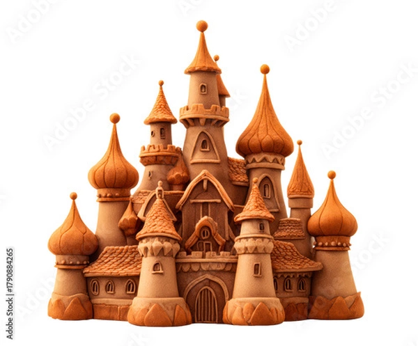 Fototapeta Sandy fairytale castle with multiple towers and domes on a transparent background, cut out