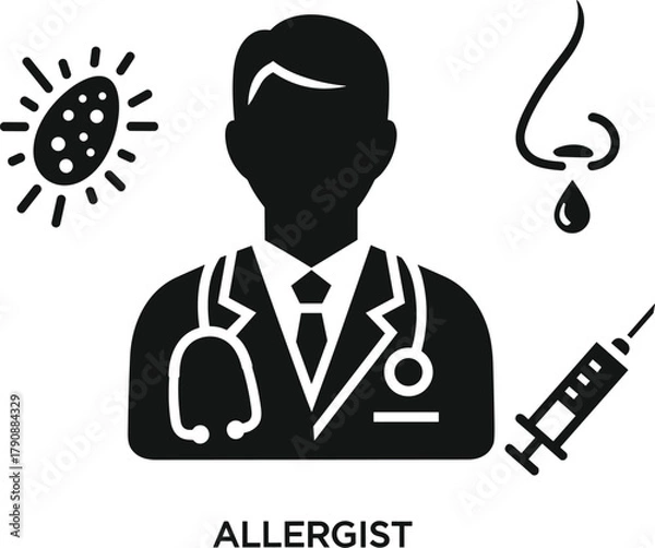 Obraz Black and white icon of an allergist doctor with stethoscope and allergy symbols medical healthcare