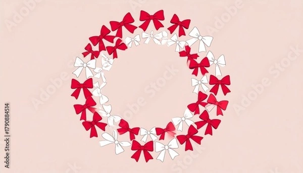 Obraz Red and white bow wreath on a light pink backdrop, forming a round festive frame