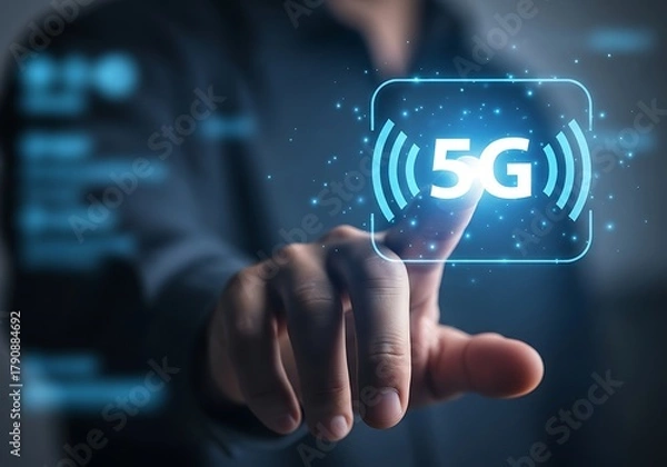Fototapeta 5g technology concept man touching a digital screen with the words 5g and icons representing wireless communication, high speed internet, and mobile network
