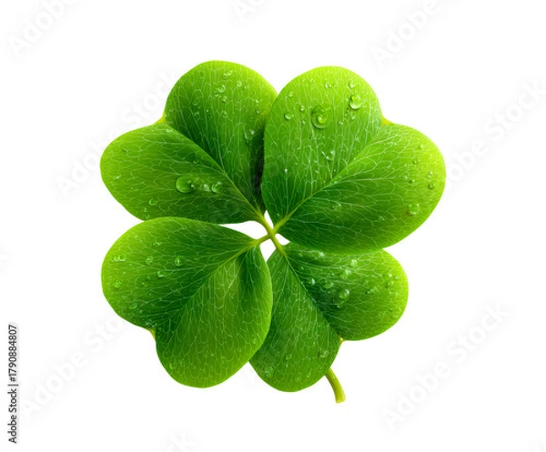 Fototapeta Four Leaf Clover with Water Droplets on a transparent background, cut out