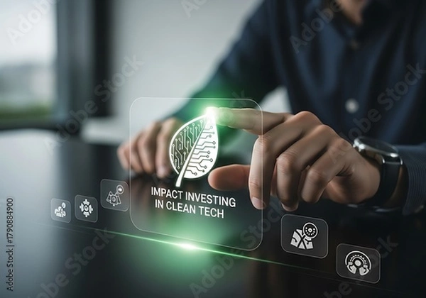 Fototapeta Impact investing in clean tech concept man touching a digital screen with the words impact investing in clean tech and icons representing sustainable development