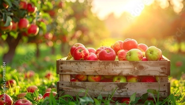 Obraz Red and yellow apples fill a wooden crate in a sunlit orchard, evoking harvest season and abundance