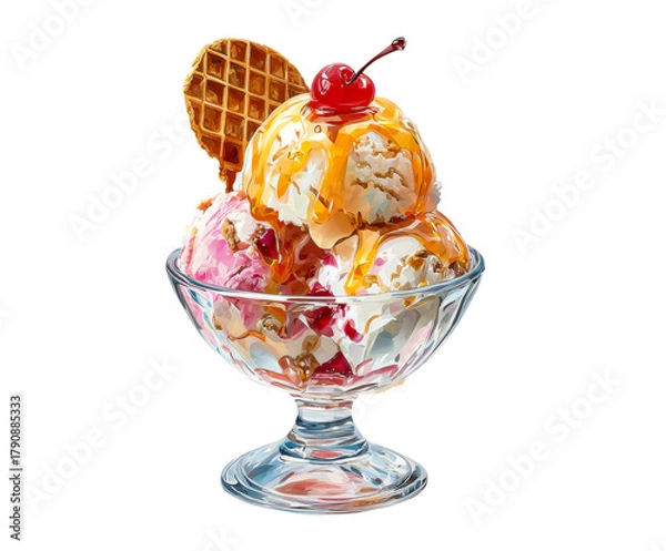 Fototapeta Creamy ice cream sundae with waffle and cherry topping on a transparent background, cut out