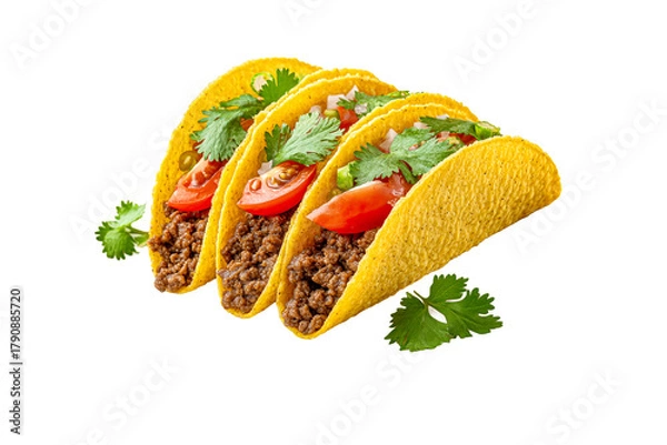 Fototapeta Three hard shell tacos with ground meat and fresh toppings on a transparent background, cut out