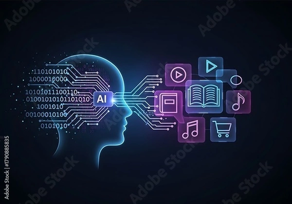 Fototapeta Artificial intelligence concept with digital brain and icons representing various online activities such as learning, entertainment, and shopping, showcasing the integration of ai in daily life