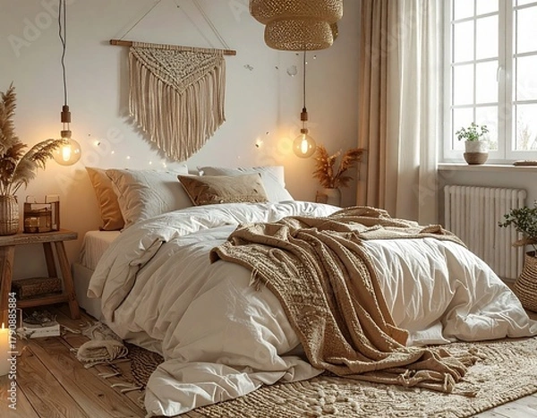 Fototapeta Chambre cocooning avec plaids – chaleur, douceur et confort d’hiver