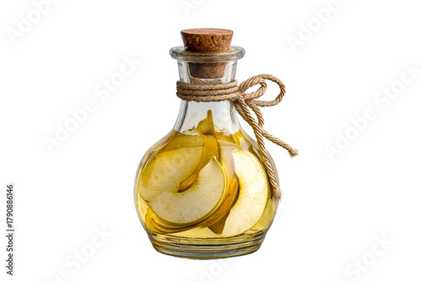 Fototapeta Glass bottle with cork and dried apple slices on a transparent background, cut out