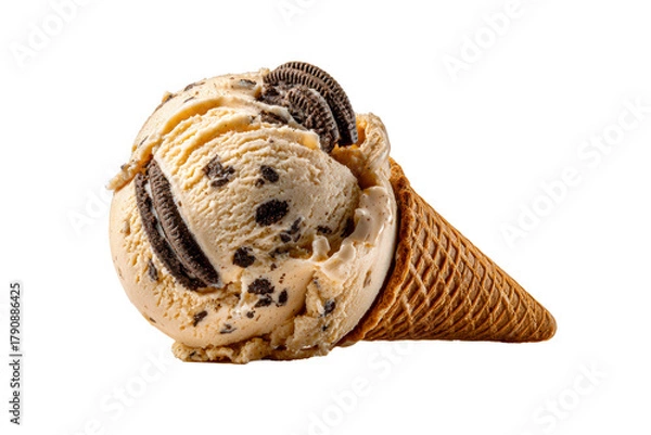 Fototapeta Vanilla cookie crumble ice cream in waffle cone on a transparent background, cut out
