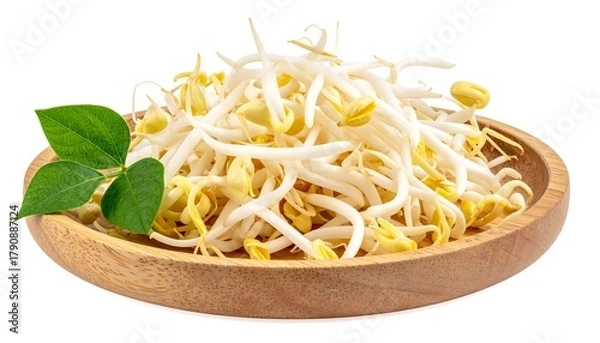 Obraz Pile of bean sprouts on a wooden plate, with green leaves, isolated on white, clean and crisp food photography