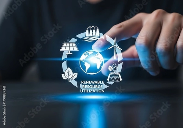 Fototapeta A persons finger touches a digital globe surrounded by icons representing renewable resource utilization, set against a blurred background, symbolizing sustainable energy