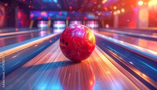 Obraz Red bowling ball poised on lane, ready to roll. Bowling alley background blurred with warm and cool colored lights