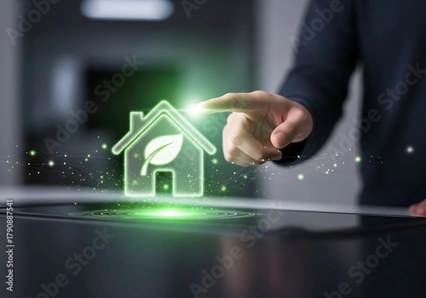 Fototapeta A persons finger touches a digital house icon with a leaf inside, symbolizing ecofriendly living and sustainable homes, set against a blurred background