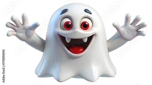 Fototapeta Cute cartoon ghost with big eyes and fangs smiling and waving
