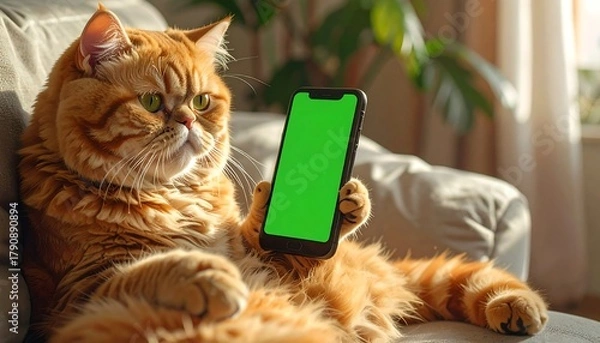 Obraz Red cat lounges in a chair holding a green screen phone, looking unimpressed