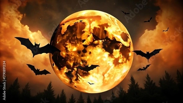 Fototapeta Spooky halloween full moon with bats flying in a dark forest