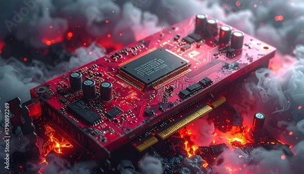 Obraz Red circuit board lying on burning rocks amidst smoke, showcasing technological prowess and destruction