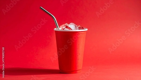 Obraz Red cup with ice and metal straw against a red backdrop, creating high contrast and dynamic shadows