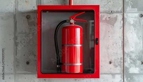Obraz Red fire extinguisher secured in bright red cabinet mounted on a gray, textured concrete wall in safety awareness