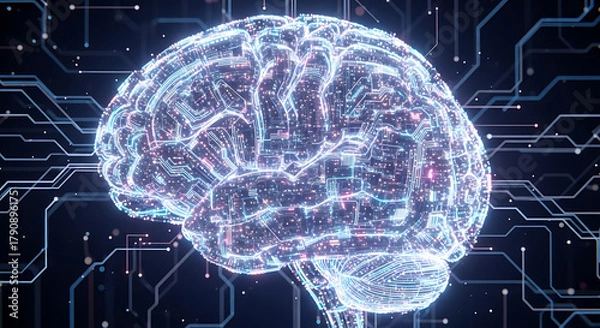 Fototapeta Digital human brain with glowing circuits and lines on a dark blue and black background design ai generated