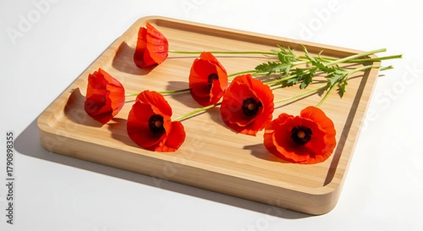 Fototapeta Red poppy flowers arranged on a light wooden tray against a white background in a studio setting ai generated