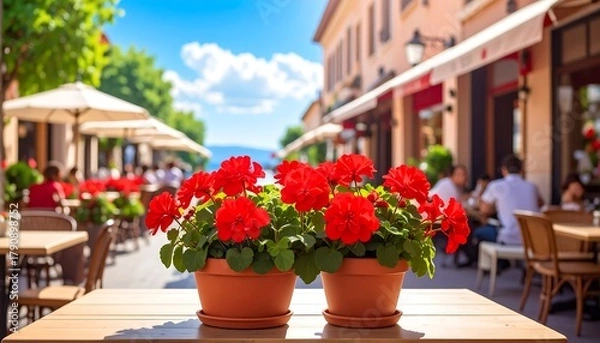 Obraz Red geraniums on a table, blurring to a cafe-lined street under a bright sky, capturing a vibrant, bustling scene