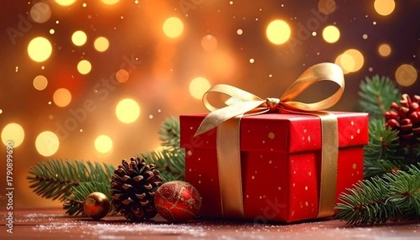 Obraz Red gift box with gold ribbon, pinecones and fir branches, twinkling lights in background, on wood table