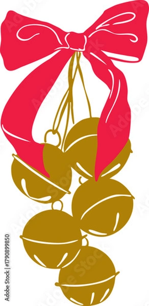 Obraz Elegant Christmas jingle bells with ribbon bow — minimalist winter line art illustration, festive holiday decor symbol, modern Scandinavian vector drawing for Christmas cards and seasonal design