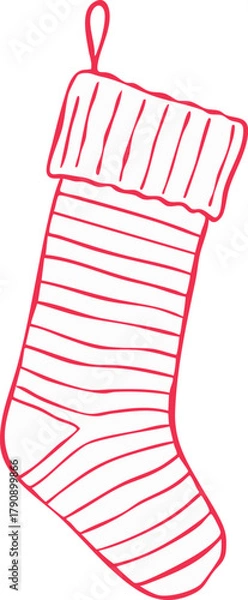 Obraz Minimalist Christmas stocking line art illustration — festive holiday sock outline, simple Scandinavian winter decor, elegant monochrome vector drawing for seasonal design projects.