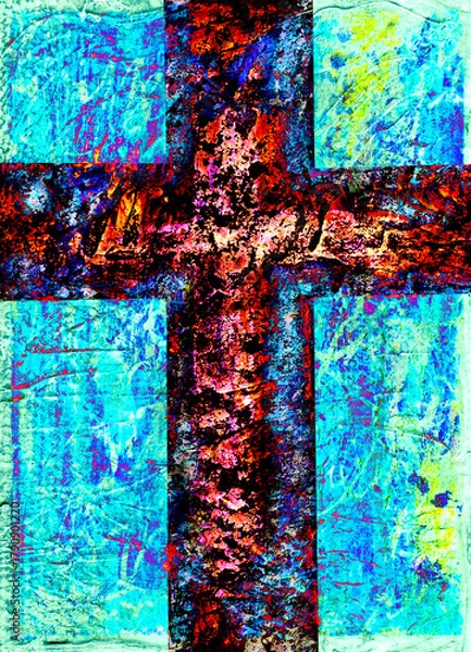 Obraz red orange black blue grunge texture cross on light blue green