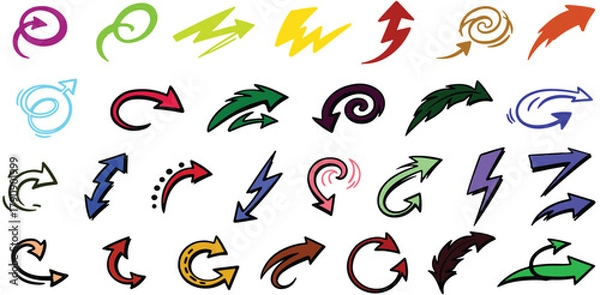 Fototapeta Colorful Arrow Icons, Collection Of Lightning Swirl And Directional Symbols For Energy Design Project Management And Motion Applications

