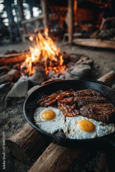 Fototapeta Cooking Breakfast Over an Open Fire in the Wilderness at Dawn With Bacon and Eggs
