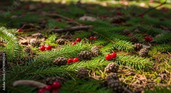 Obraz Pine Needles and Berries Forest Floor Christmas Texture