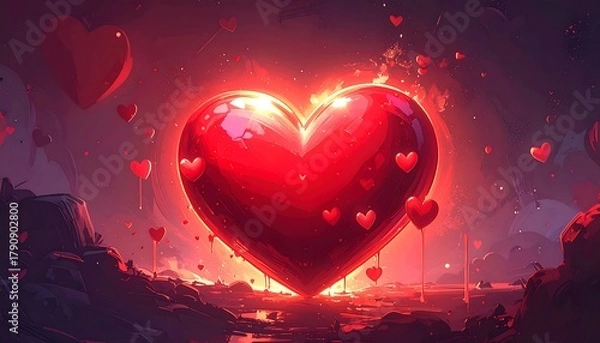 Obraz Red heart emanates light, surrounded by smaller hearts, on a rocky landscape with clouds and subtle water reflections