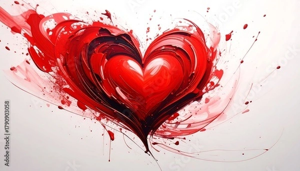 Obraz Red heart formed by splatters and brushstrokes, vibrant and full of passion, set against a white background
