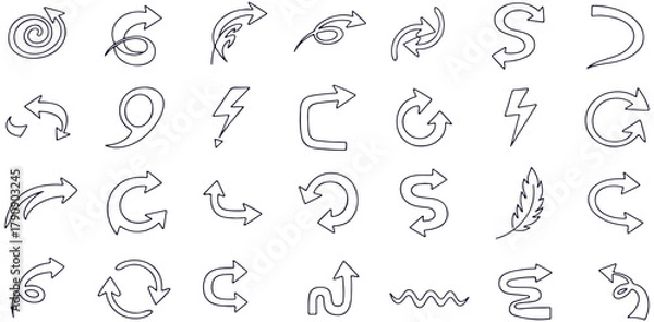 Fototapeta Abstract Arrow and Curve Line Icons, minimalist vector collection of swirl, rotation and direction symbols, creative black outline arrows for motion, flow and navigation design elements