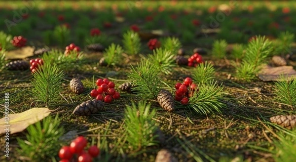 Fototapeta Pine Needles and Berries Forest Floor Christmas Texture
