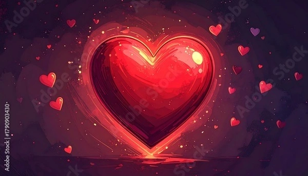 Obraz Red heart surrounded by smaller hearts floating in a dark, textured, romantic, hazy atmosphere with subtle light play