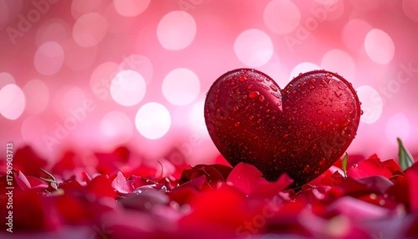 Obraz Red heart with water droplets surrounded by red rose petals, blurred bokeh lights on a gradient pink background