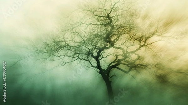 Fototapeta A spooky bare tree silhouetted in dense atmospheric fog. Mysterious and moody nature landscape with an ethereal motion blur effect. Haunting abstract background