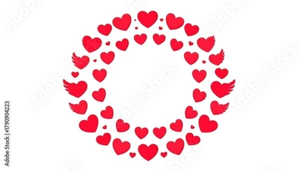 Obraz Red hearts in a circular arrangement. Some hearts have small wing attachments. Simple & graphic design
