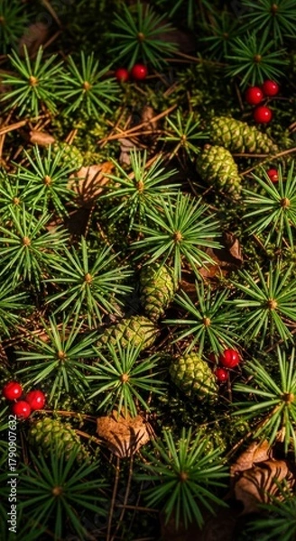 Fototapeta Pine Needles and Berries Forest Floor Christmas Texture