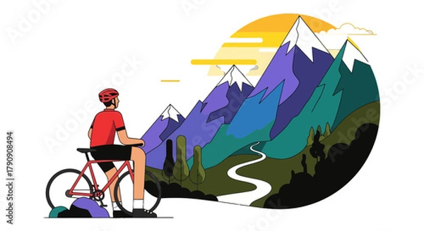 Obraz Cyclist Pauses To Admire A Dramatic View Of Towering Peaks And The Open Road