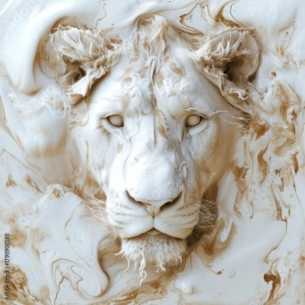 Fototapeta A majestic lion's face emerging from swirling white liquid. Abstract artistic concept with a fluid marble texture. Modern wildlife portrait background