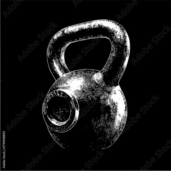 Fototapeta A monochrome illustration of a kettlebell with a rounded handle and a circular weight on black background