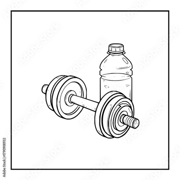 Fototapeta A dumbbell with weights and a plastic water bottle sit side by side in a black and white illustration