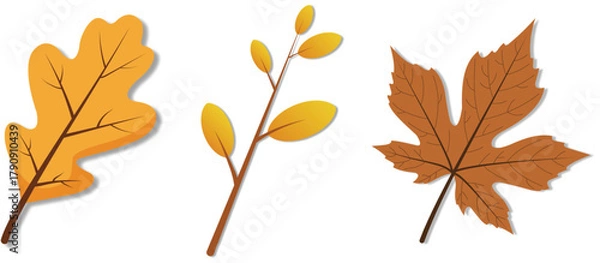 Fototapeta Flat autumn leaf and branch vector set with yellow and brown foliage