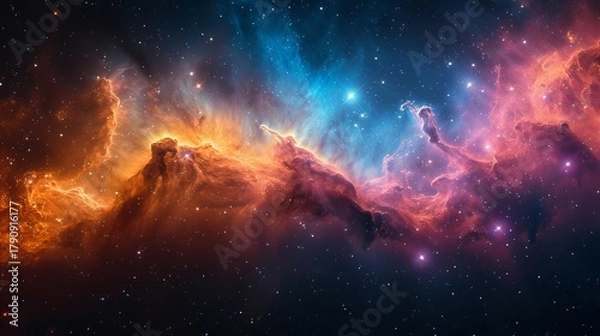 Fototapeta A vibrant cosmic landscape of a colorful nebula in deep space. Star-forming region with glowing interstellar gas and dust. Astronomy and universe background