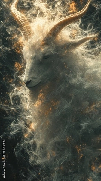 Fototapeta Ethereal fantasy goat emerging from glowing golden smoke. Mythical spirit animal with a divine aura. Abstract magical creature concept